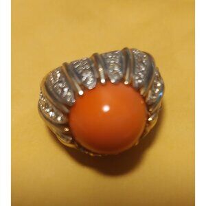 Ring. Gold plated, coral, crystals, signed, 18k gold, Jonaz, 1980s